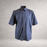 Navy Aries 2 short sleeve shirt in cotton poplin, front view, made in England.