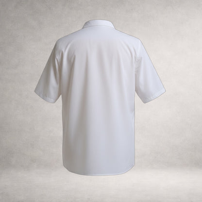 White Aries 2 short sleeve shirt in cotton poplin, back view, made in England
