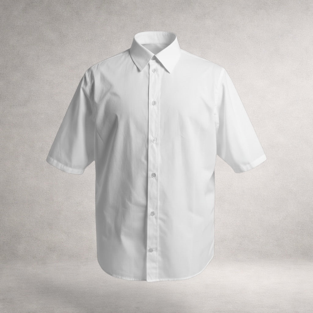 White Aries 2 short sleeve shirt in cotton poplin, front view, made in England