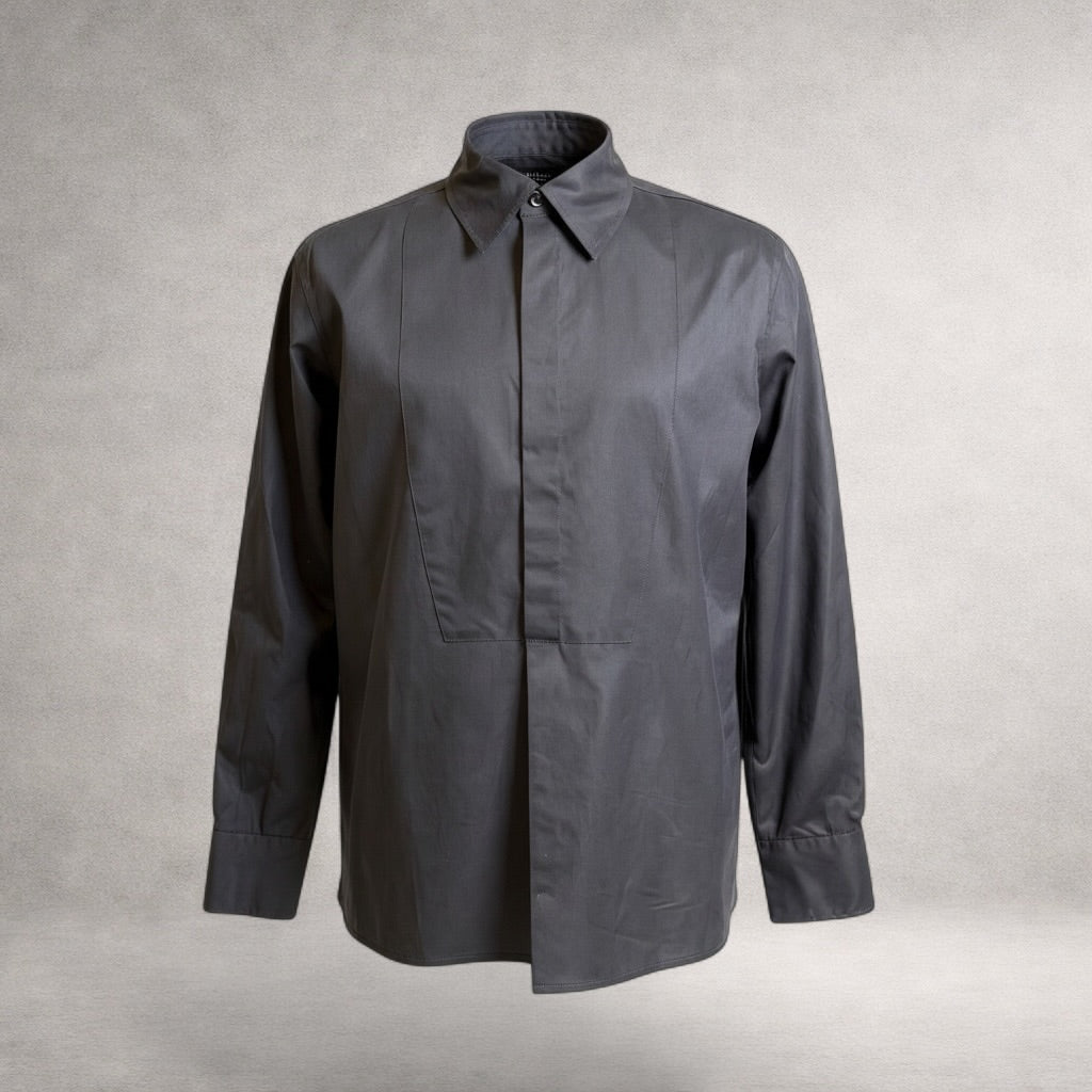 Black Aries 3 long sleeve evening shirt in cotton poplin, front view, made in England