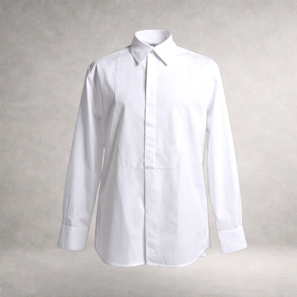 White Aries 3 long sleeve evening shirt in cotton poplin, front view, made in England