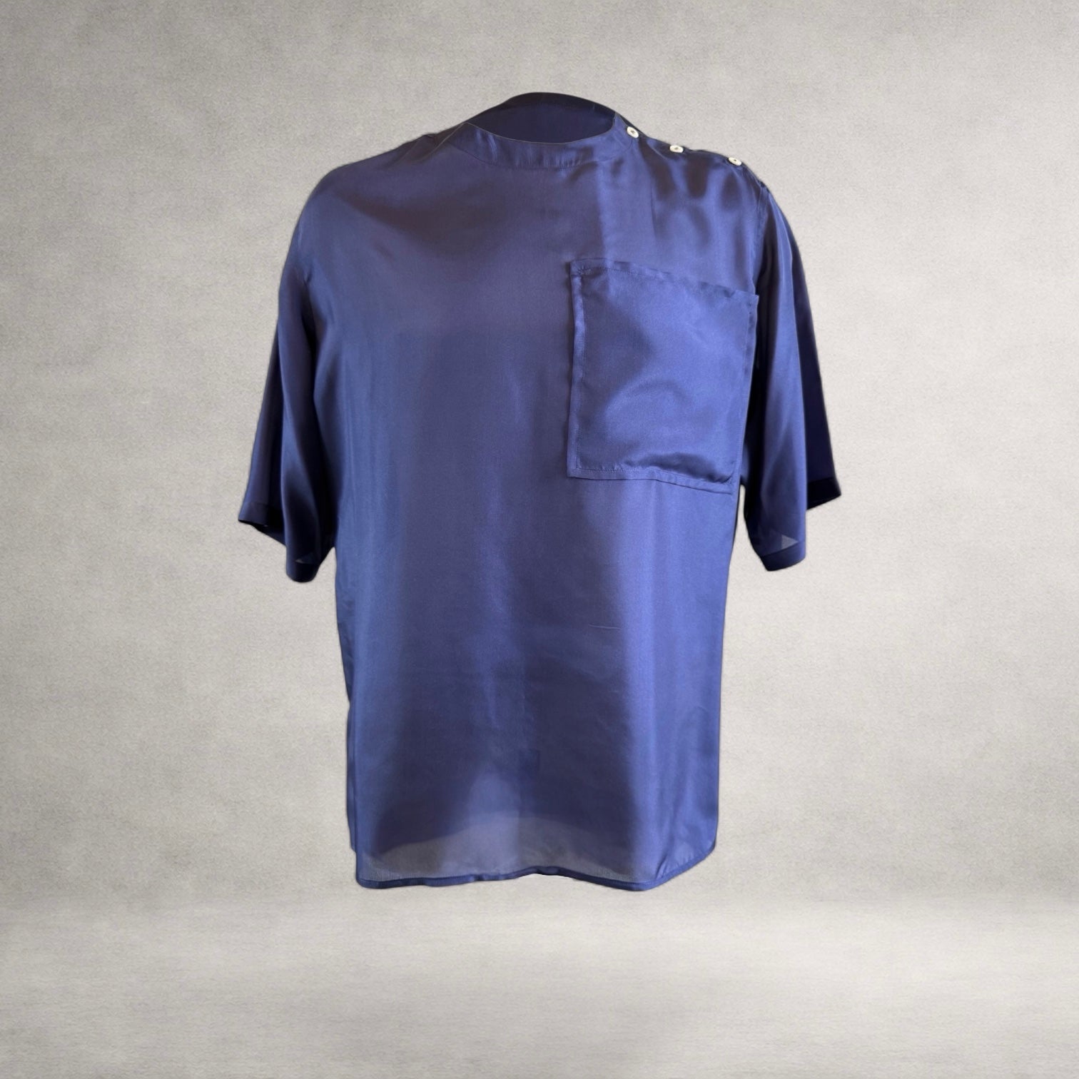 Indigo Aries 4 short sleeve shirt in Habotai Silk, front view, made in England