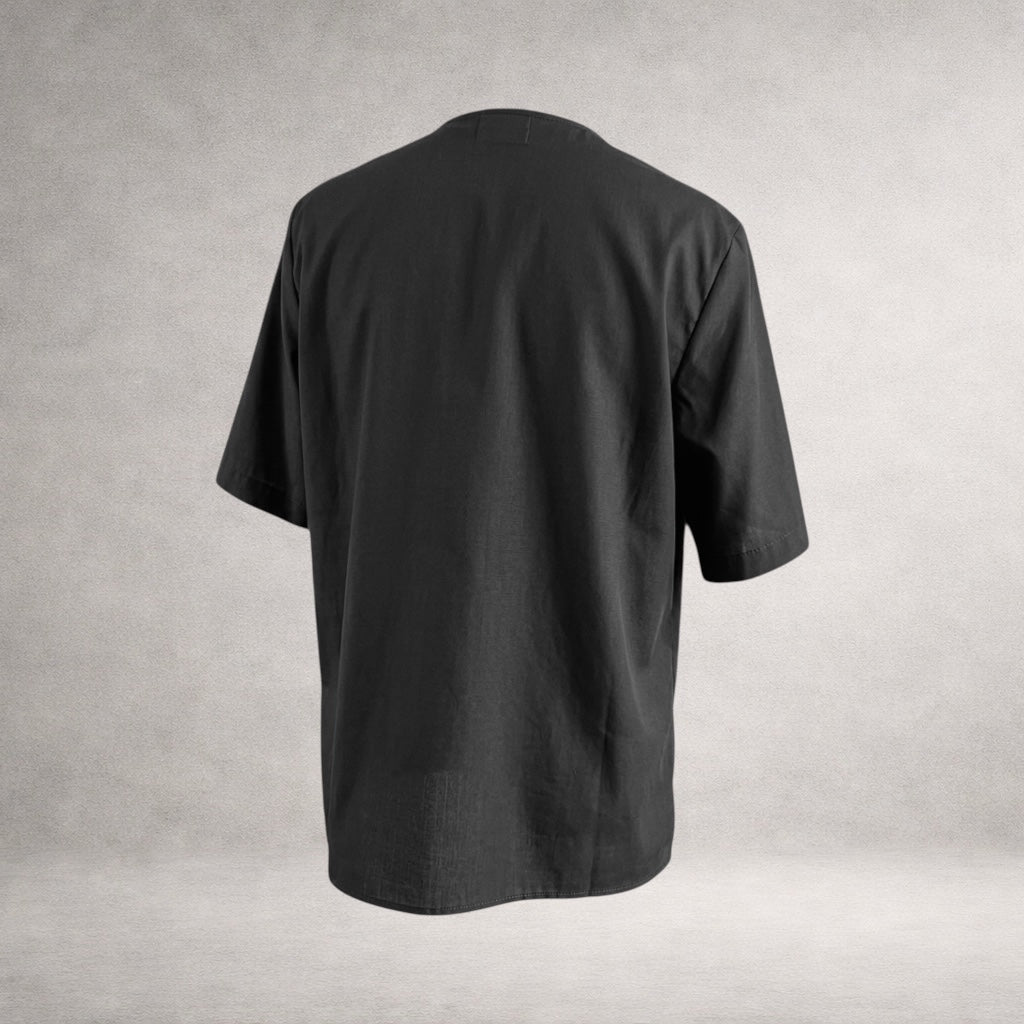 Black Aries 4 short sleeve shirt in cotton poplin, back view, made in England