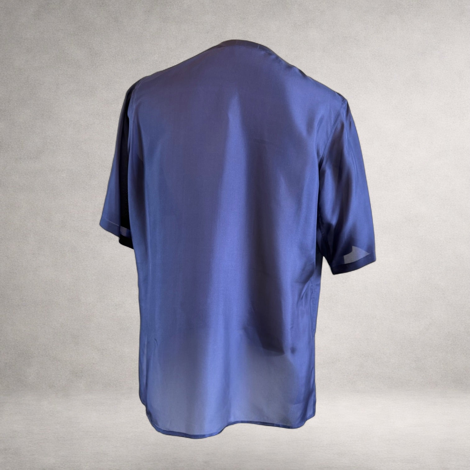 Indigo Aries 4 short sleeve shirt in Habotai Silk, back view, made in England