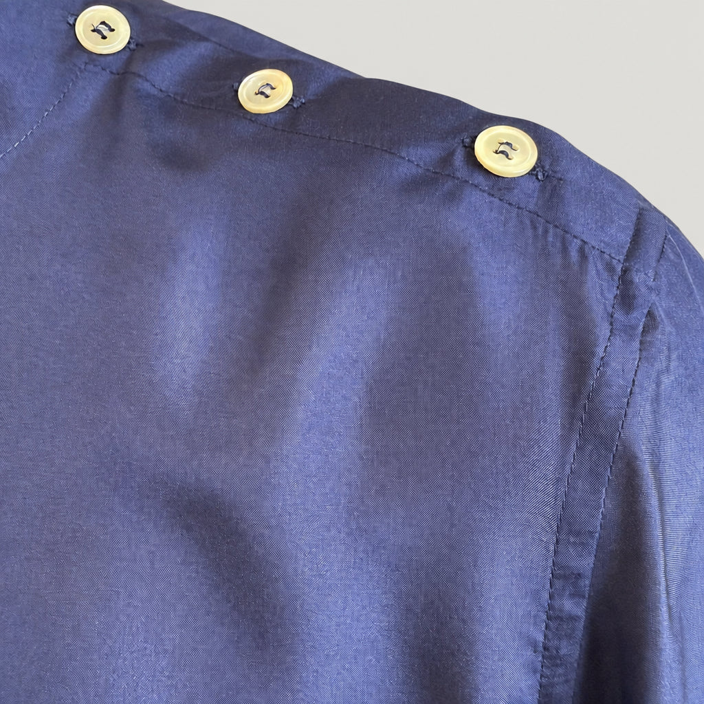 Silk Indigo Aries 4 shirt detail showing shoulder button construction
