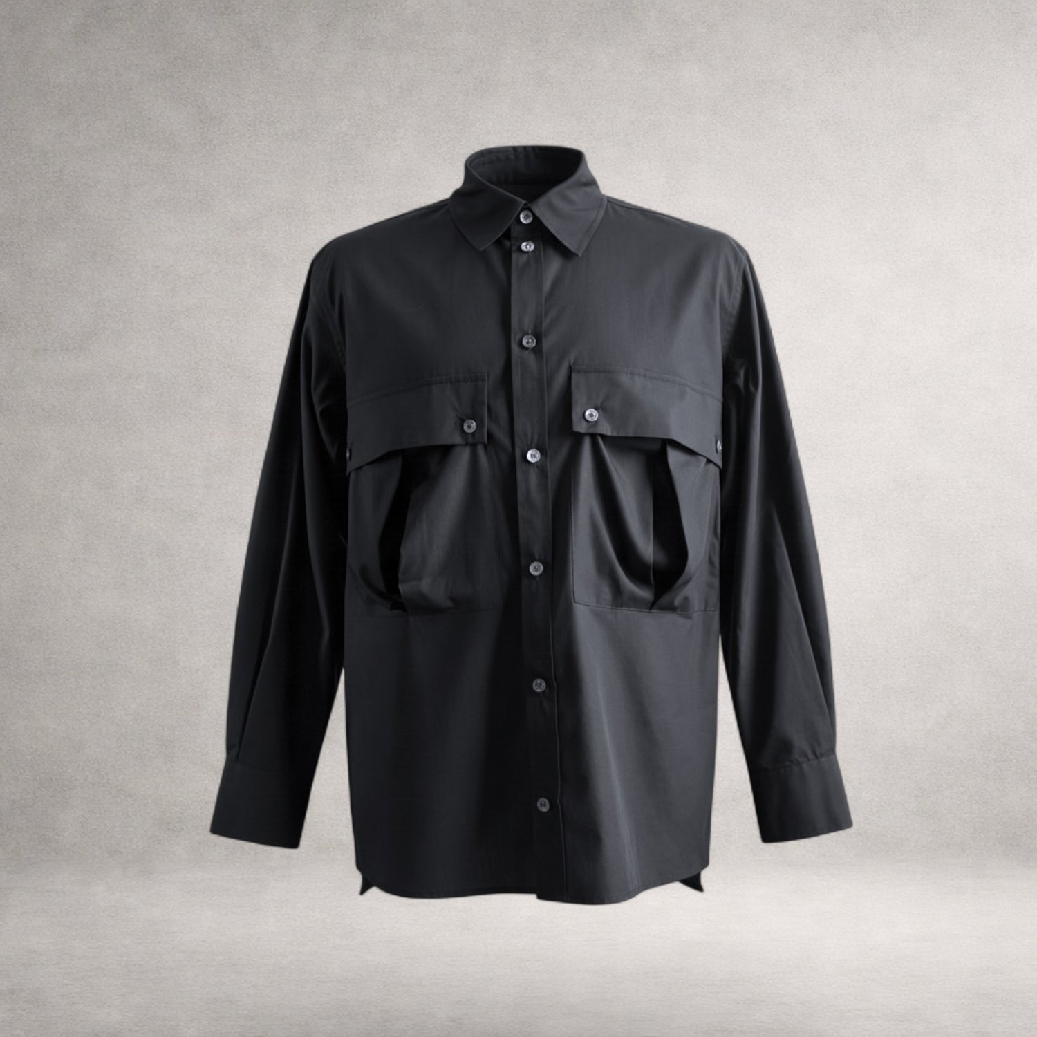Black Aries 5 long sleeve shirt in cotton poplin, front view, made in England