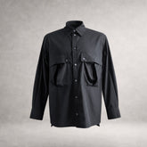 Black Aries 5 long sleeve shirt in cotton poplin, front view, made in England