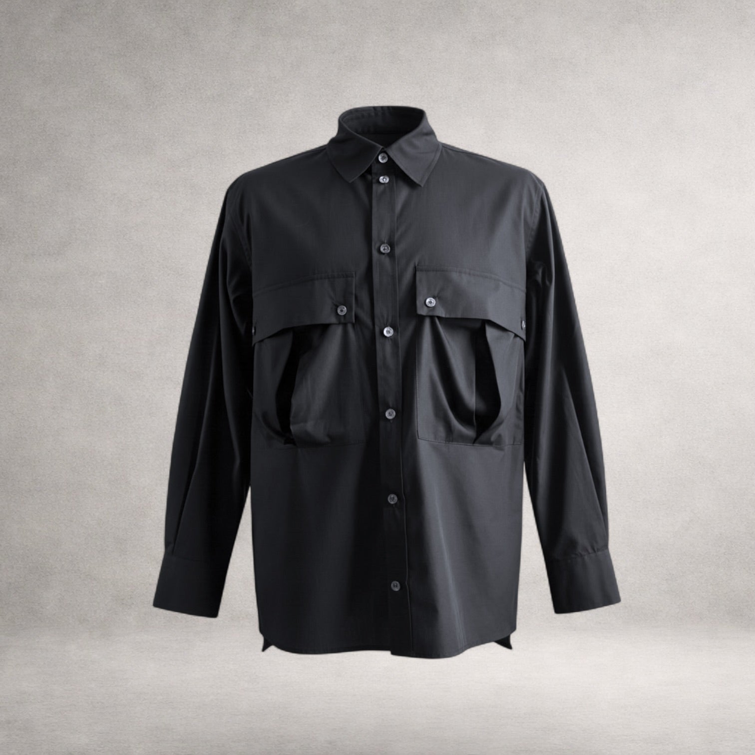 Black Aries 5 long sleeve shirt in cotton poplin, front view, made in England