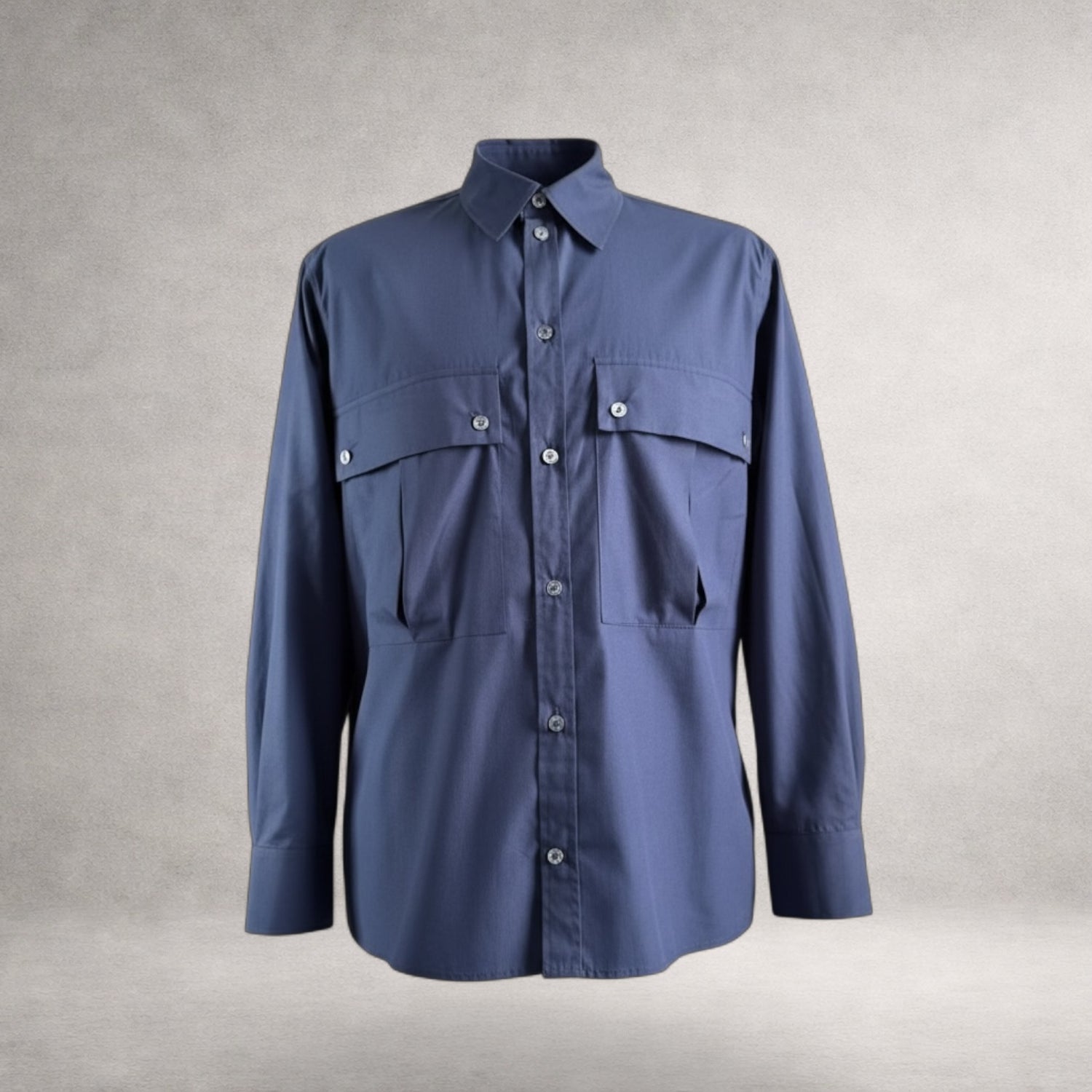 Navy Aries 5 long sleeve shirt in cotton poplin, front view, made in England