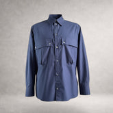 Navy Aries 5 long sleeve shirt in cotton poplin, front view, made in England