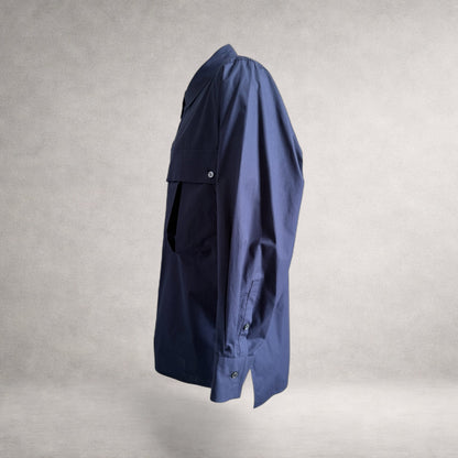 Navy Aries 5 long sleeve shirt in cotton poplin, side view, made in England