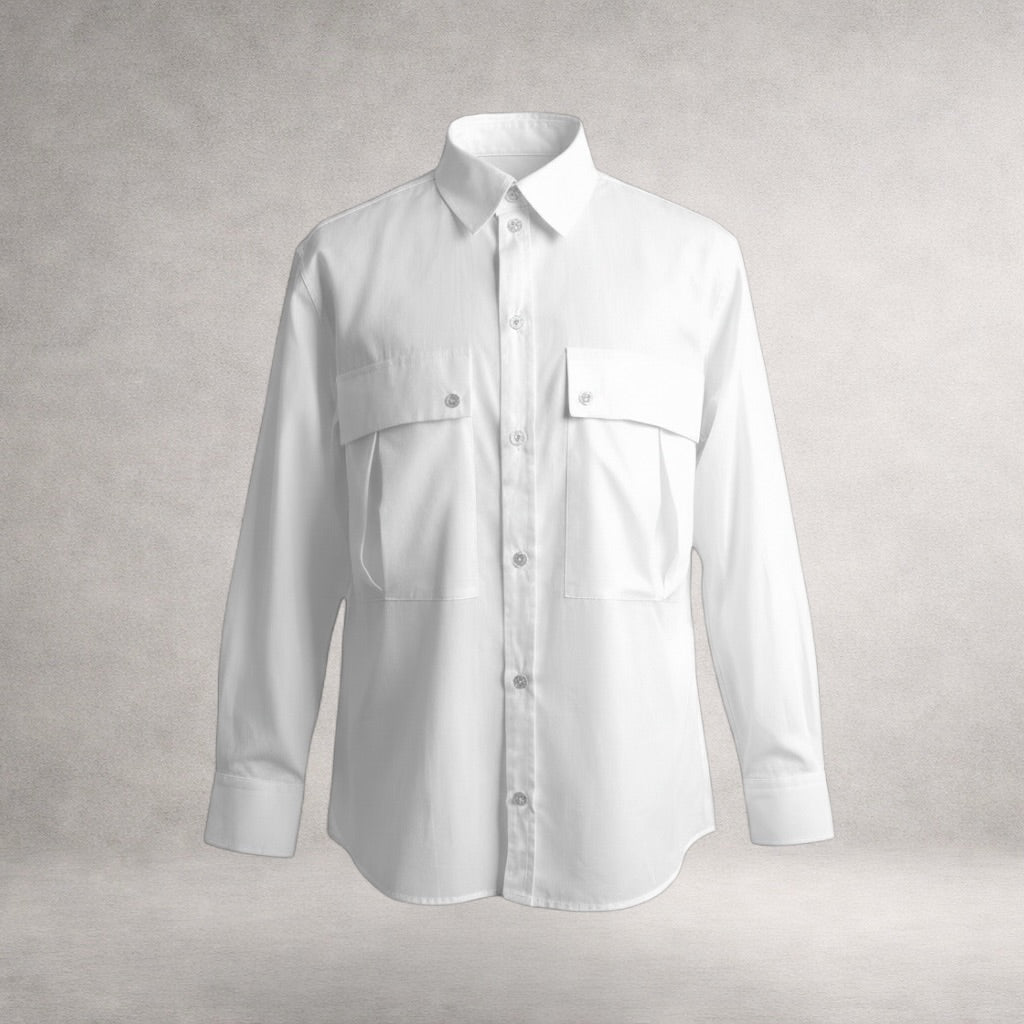 White Aries 5 long sleeve shirt in cotton poplin, front view, made in England