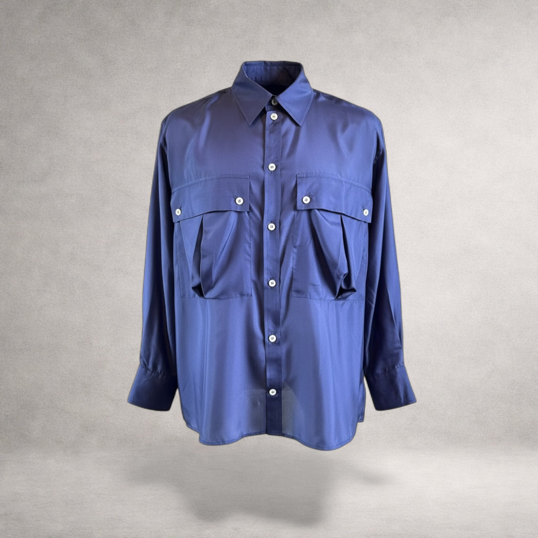 Indigo Aries 5 long sleeve shirt in Habotai silk, front view, made in England
