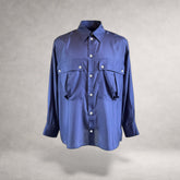 Indigo Aries 5 long sleeve shirt in Habotai silk, front view, made in England