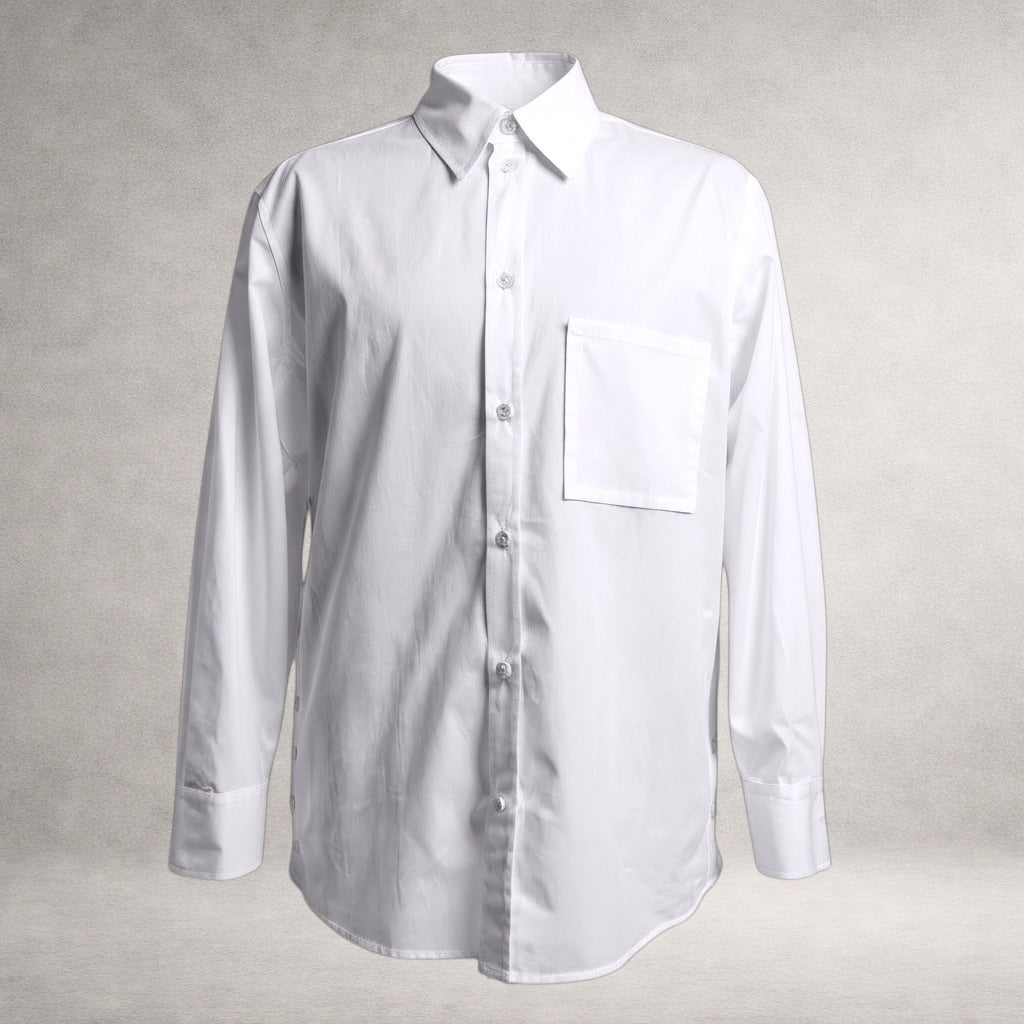 White Aries 6 long sleeve shirt in cotton poplin, front view, made in England