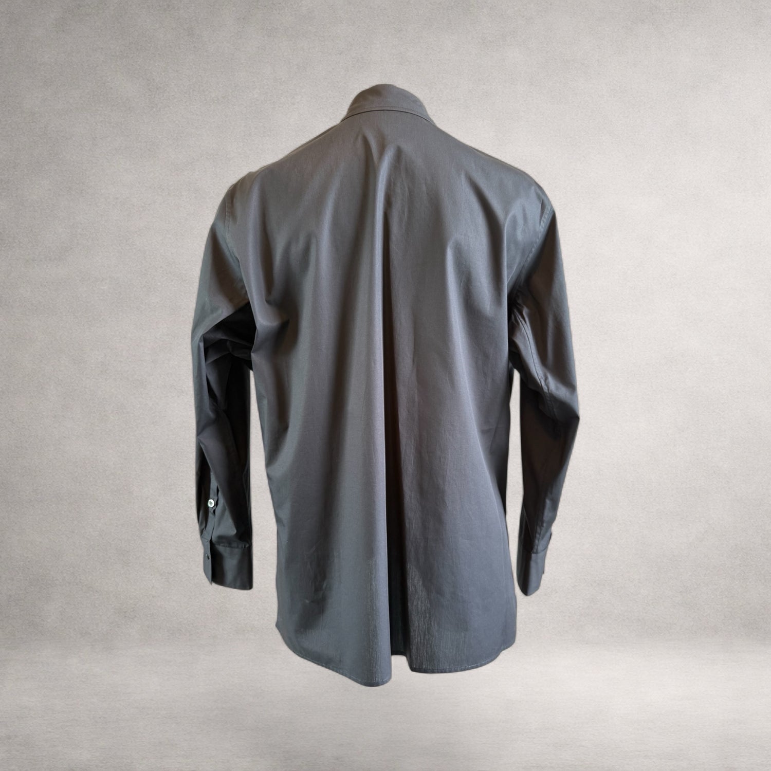 Black Aries long sleeve shirt in cotton poplin, back view, made in England