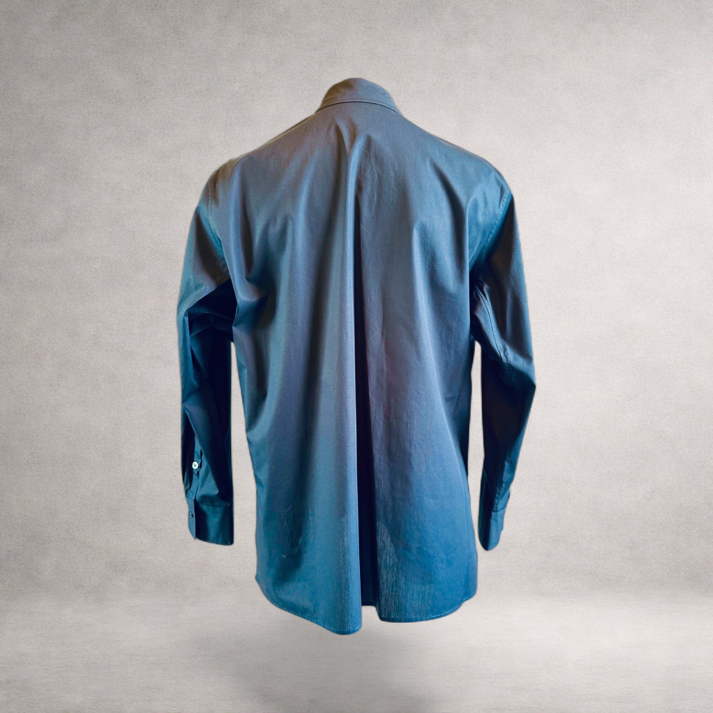 Navy Aries long sleeve shirt in cotton poplin, back view, made in England