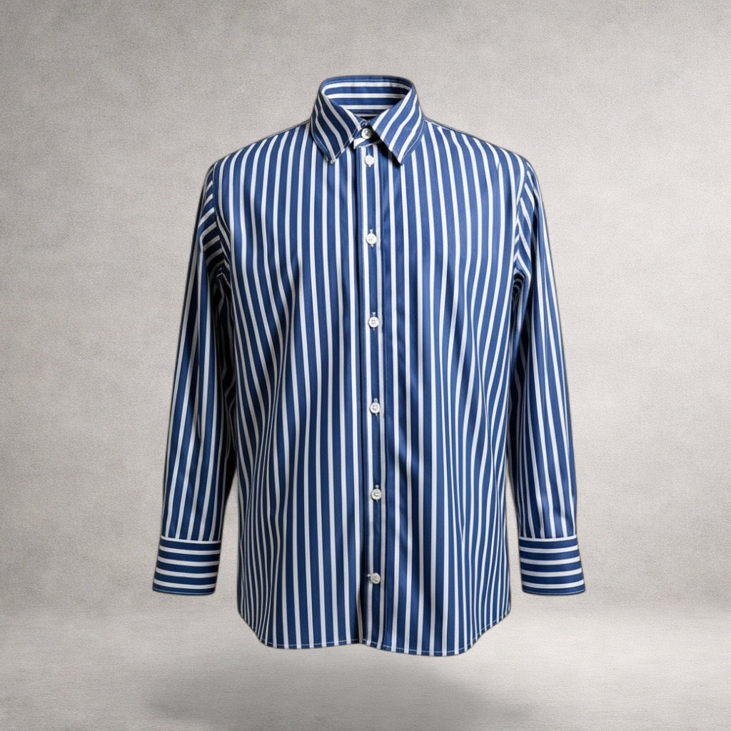 Blue striped Aries long sleeve shirt in cotton poplin, front view, made in England

