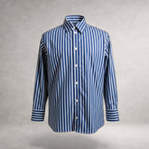 Blue striped Aries long sleeve shirt in cotton poplin, front view, made in England
