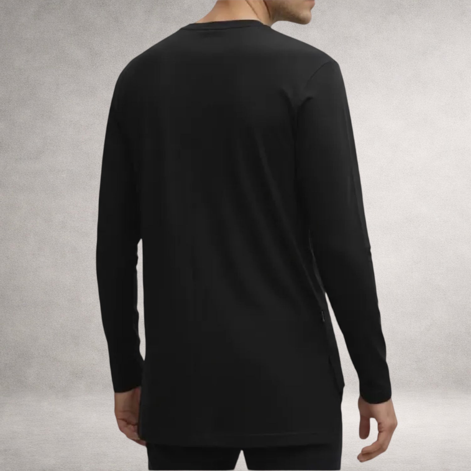 Black Atlas long sleeve top in jersey cotton, back view, made in England
