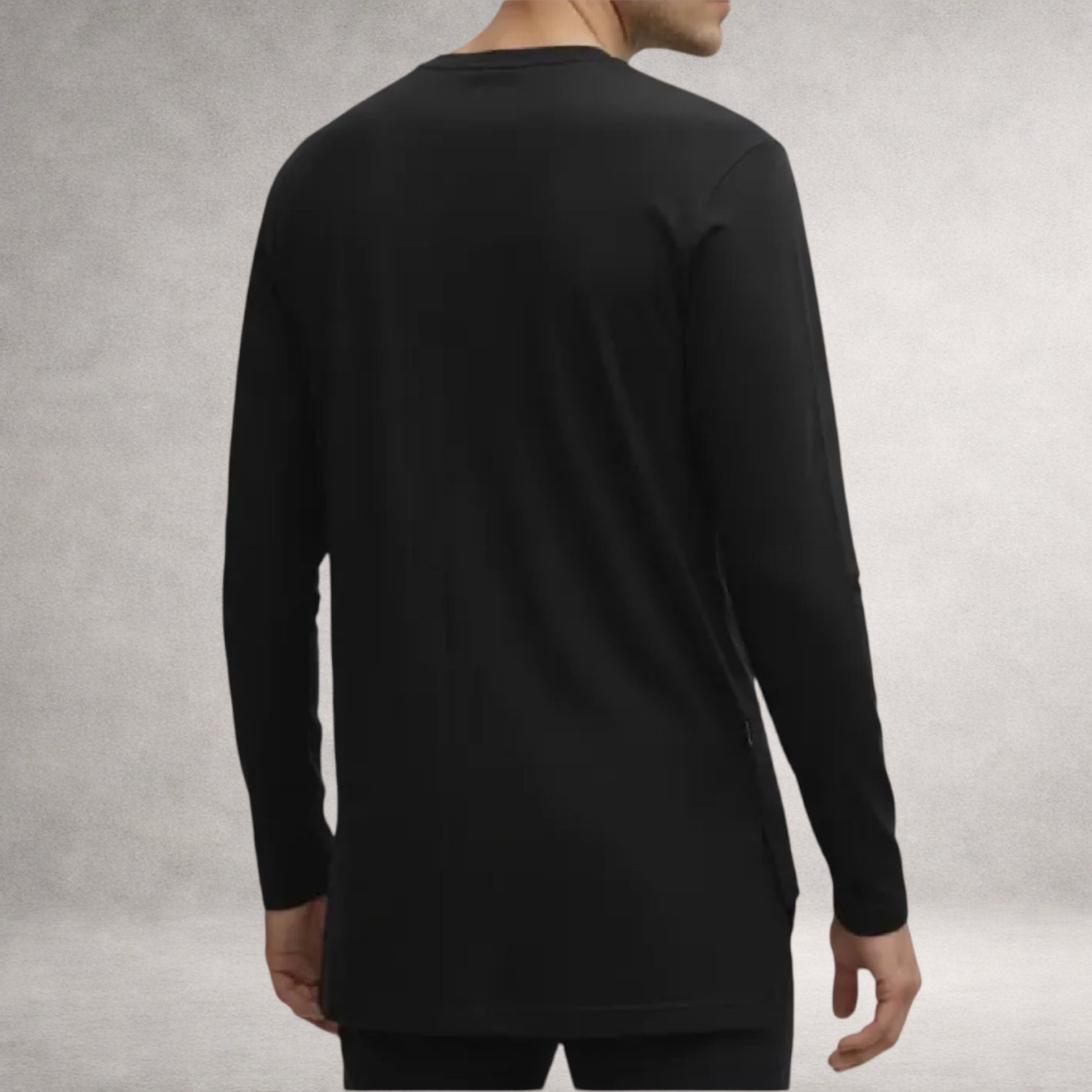 Black Atlas long sleeve top in jersey cotton, back view, made in England
