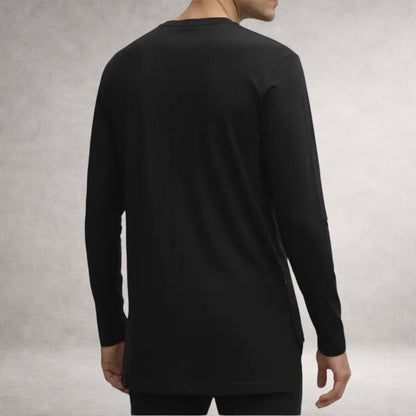 Black Atlas long sleeve top in jersey cotton, back view, made in England
